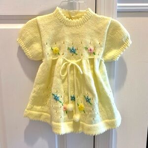 Soft Spun Vintage yellow knit dress with flowers and Pom Pom knit belt, size 18M
